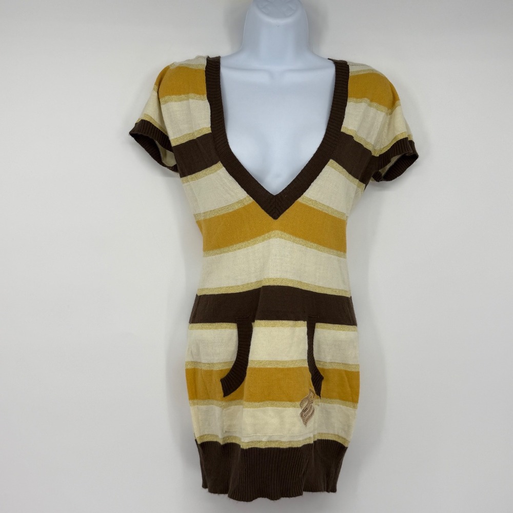 Vintage Y2K Rocawear Hooded Sweater Mini Dress XS Striped Deep V Neck McBling